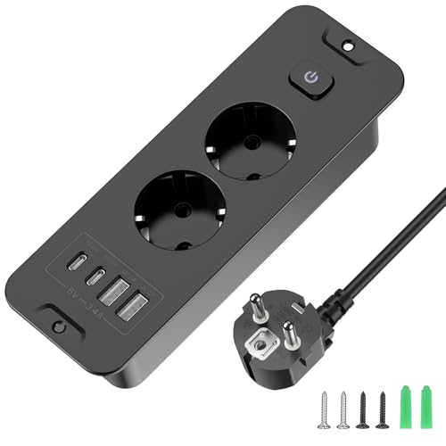 Versenkbare Steckdose 2 Fach, Tischplatte Steckdose mit 2 USB C, Einbausteckdose mit 2m Kabel, Einbausteckdose Mehrfachsteckdose, Tischplatte Versenkte Steckdose - Schwarz von HITRENDS