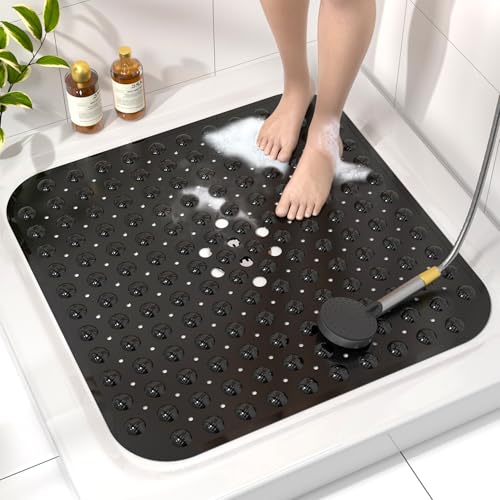 HITSLAM Duschmatte rutschfest, 53x53cm Antirutschmatte Dusche mit Saugnäpfen, Badewannenmatte rutschfest BPA Frei, Maschinenwaschbar Badematte, Weich auf den Füßen Rutschmatte Dusche, Schwarz von HITSLAM