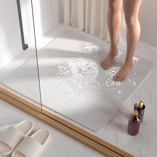 HITSLAM Duschmatte rutschfest, 68x68cm Badewannenmatte rutschfest mit Ablauf, Weiche PVC-Luffa Antirutschmatte Badewanne, Schnell Trocknende Badematte, Weiß von HITSLAM