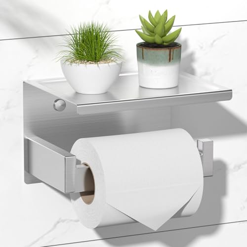 HITSLAM Toilettenpapierhalter Ohne Bohren, Selbstklebend Klopapierhalter mit Ablage, Edelstahl Klorollenhalter Wandmontage, Wc Papier Halterung Rollenhalter mit Kleber für Badzimmer Silber von HITSLAM