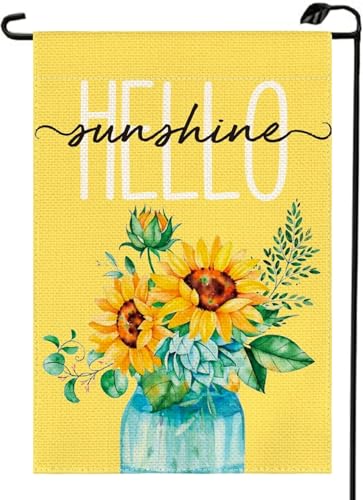 Hello Sunshine Sommer-Sonnenblumen-Gartenflagge, 30,5 x 45,7 cm, doppelseitig, für den Außenbereich, saisonale Einmachglas-Blume, Hof, Outdoor-Dekoration, Flagge XJ17 von HIUCUS