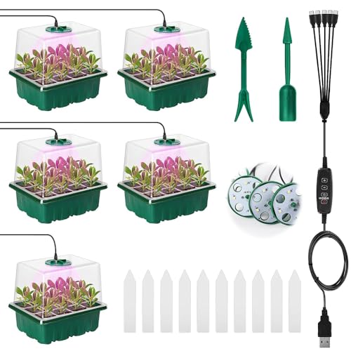 HIULLEN 5 PCS Zimmergewächshaus Anzuchtkasten mit Pflanzenlampe, Mini Gewächshaus Anzucht Set mit Timergesteuerten, 12 Loch Setzling Starter Tabletts Treibhaus Anzuchtschale von HIULLEN