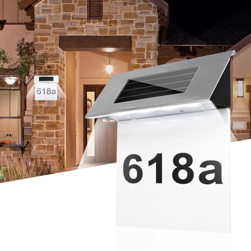 HIULLEN Hausnummer Beleuchtet Solar, 4 LEDs Hausnummernschild Edelstahl, LED Solarhausnummer mit Dämmerungsschalter, Hausnummernleuchte Wasserdicht Außen Dämmerungsschalter mit Nummern & Buchstaben von HIULLEN