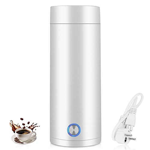 HIULLEN Reise Wasserkocher Klein, 400ml Tragbarer Elektrischer Wasserkocher, 3 in 1 Mini Thermoskanne, Schnellkoch-Teekanne-Heizbecher, 304 Edelstahlliner, für Tee, Kaffee, Babymilch, Camping (Weiß) von HIULLEN