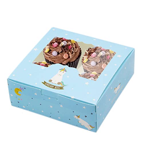 HIUOUIH Cupcake Box 15 Stück Transportbox Muffins 13,5 x 13,5 x 5 cm Tortenschachtel mit Klarem Fenster Kuchen Boxen Papier Tortenbox Pappe Karton für Cupcakes Gebäck Desserts, Einhorn von HIUOUIH