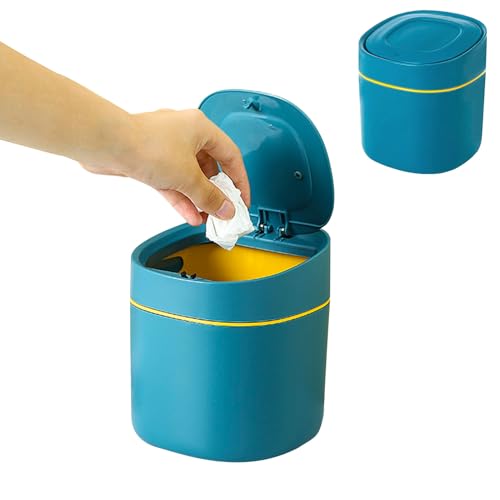 HIUOUIH Tischmülleimer Klein Mini Desktop Mülleimer mit Press Deckel Kosmetikeimer für Familie Wohnzimmer Schlafzimmer Badezimmer Büro Innen Kunststoff Mülleimer, Blau von HIUOUIH