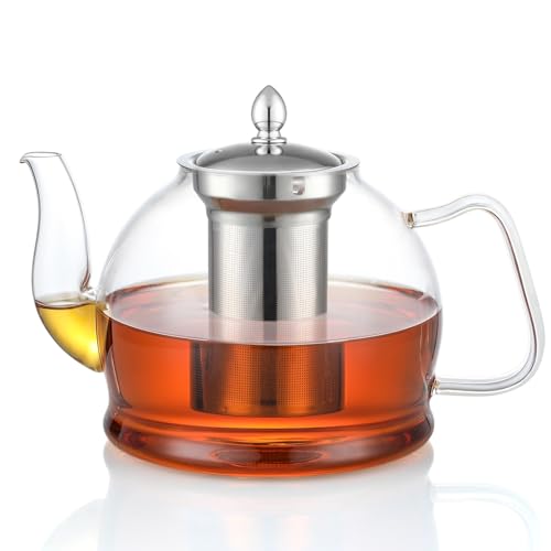 HIWARE 1500 ml Glas-Teekanne mit herausnehmbarem Teesieb, Herdplatten-sicherer Teekessel, Teebereiter-Set für blühende und lose Blätter von HIWARE