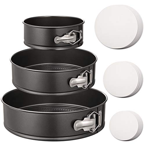 HIWARE Springform-Set mit 3 antihaftbeschichteten Käsekuchenformen, auslaufsicher, runde Kuchenform-Set enthält 3 Springformen mit 150 Pergamentpapier-Einsätzen. von HIWARE