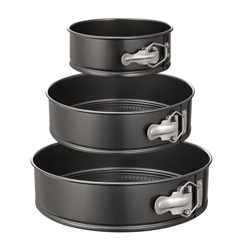 HIWARE Springform-Set mit 3 antihaftbeschichteten Käsekuchenformen, auslaufsicher, runde Kuchenform-Set enthält 3 Springformen mit 150 Pergamentpapier-Einsätzen. von HIWARE