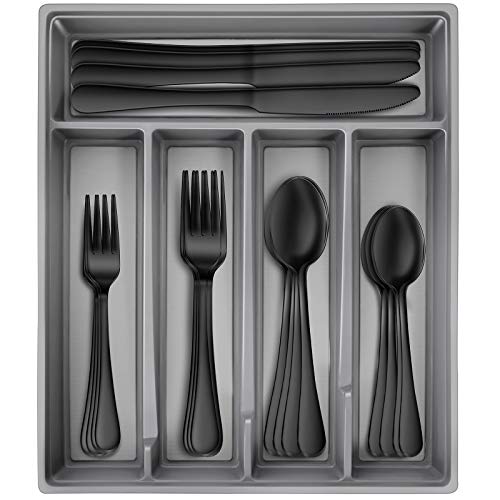 Hiware Schwarzes Besteck-Set mit Tablett, 20-teiliges Besteck-Set aus Edelstahl, für 4 Personen, spiegelnd, spülmaschinenfest von HIWARE