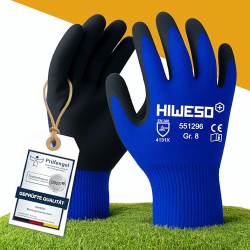 HIWESO Montagehandschuhe – Arbeitshandschuhe Herren & Damen – Schutzhandschuhe mit Nitril-Beschichtung – schwarz/blau – CE CAT II – für Werkstatt, Bau & Garten (1 Paar, Größe 10 - XL) von HIWESO
