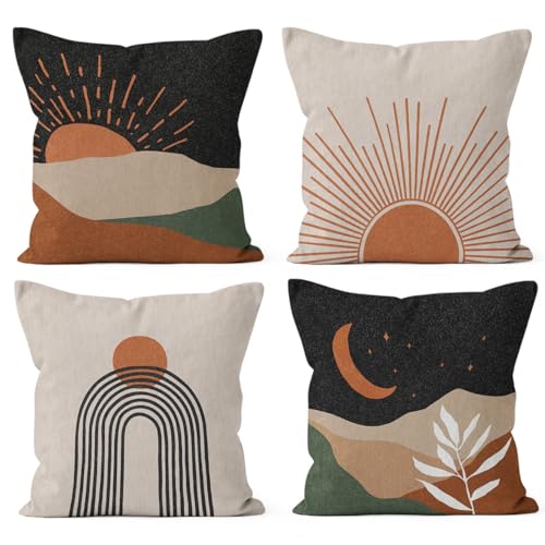 HIWX Abstrakte Boho Sonne Mond Berge Dekorative Kissenbezug Wurfkissenbezug Moderne Kunst Sonnenschein Sonnenaufgang Sonnenuntergang Landschaft für Sofa Bett Zimmer Home Bohemia Decor 45,7 x 45,7 cm von HIWX