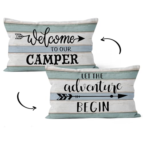 HIWX Dekorativer Kissenbezug mit Aufschrift Let The Adventure Begin Welcome to Our Camper, rustikales Camper-Motiv, für Wohnmobil, Sofa, Schlafzimmer, Heimdekoration, 30,5 x 50,8 cm, wendbarer HIWX Dekorativer Kissenbezug mit Aufschrift Let The Adventure Begin Welcome to Our Camper, rustikales Camper-Motiv, für Wohnmobil, Sofa, Schlafzimmer, Heimdekoration, 30,5 x 50,8 cm, wendbarer von HIWX