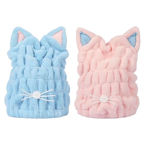 HIXNUG 2 x Haartrockentücher, niedliche Katzenohren, super saugfähig, Korallen-Fleece, Handtuch für Damen oder Mädchen und Kinder von HIXNUG