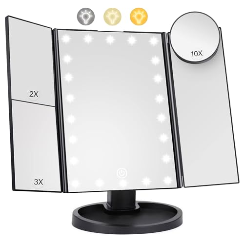 HIYAA Schminkspiegel mit 22 LED-Leuchten Beleuchtung, Faltbare Kosmetikspiegel mit 1X/2X/3X/10XVergrößerung, Schminkspiegel mit Touch Beleuchtung, Tischspiegel Unterstützung USB, Schwarz von HIYAA
