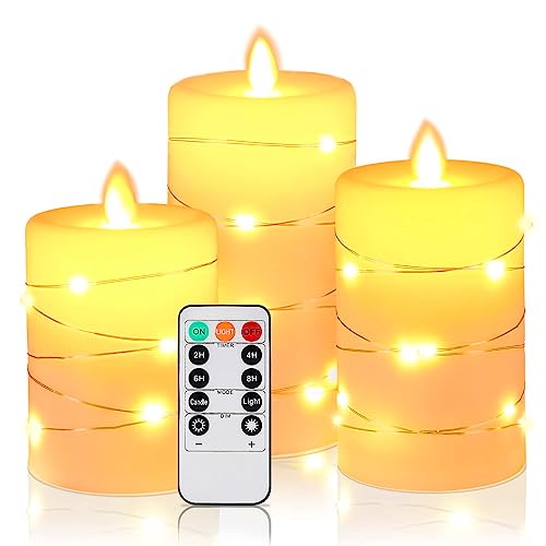 LED Kerzen, HIYAA LED Kerzen mit eingebetteter Lichterkette, 3 Pack batteriebetriebene Kerzen mit Fernbedienung, 24-Stunden-Timer-Funktion, tanzende Flamme, echtes Wachs von HIYAA