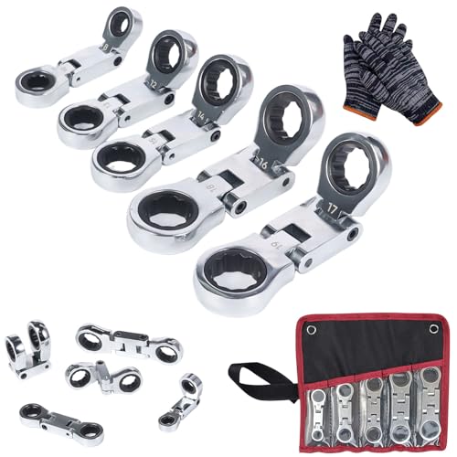 5-teiliges Nano-Taschenknarre mit Doppelantrieb und flexiblem Kopf, 3/4 Zoll Ratschenschlüssel-Set mit Einzug, 0–180° Biegung, Doppel-Ringratschenschlüssel mit Rolltasche (1 Set) von HItianya
