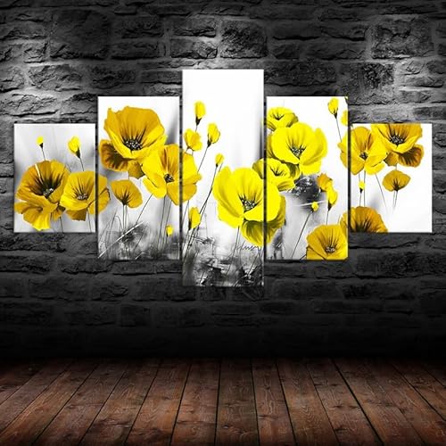 HJDGLP Moderne bilder wohnzimmer schlafzimmer bilder über bett wand deko leinwandbilder leinwanddrucke 5 stück wandkunst,Abstrakte gelbe Mohnblumen,mit rahmen,wandbild xxl 100x55cm von HJDGLP
