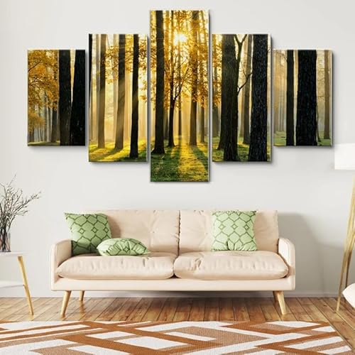 HJDGLP Moderne bilder wohnzimmer schlafzimmer bilder über bett wand deko leinwandbilder leinwanddrucke 5 stück wandkunst,Gelber Baum im sonnenverwöhnten Nebelwald,mit rahmen,wandbild xxl 100x55cm HJDGLP Moderne bilder wohnzimmer schlafzimmer bilder über bett wand deko leinwandbilder leinwanddrucke 5 stück wandkunst,Gelber Baum im sonnenverwöhnten Nebelwald,mit rahmen,wandbild xxl 100x55cm von HJDGLP