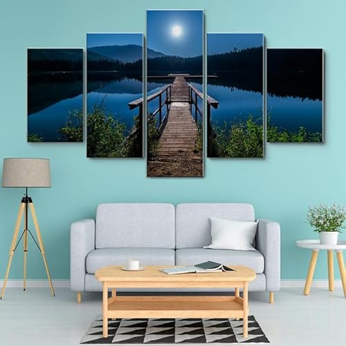 HJDGLP Moderne bilder wohnzimmer schlafzimmer bilder über bett wand deko leinwandbilder leinwanddrucke 5 stück wandkunst,Mitternachtsdock am See,mit rahmen,wandbild xxl 100x55cm von HJDGLP