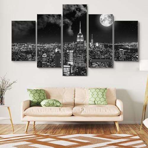 HJDGLP Moderne bilder wohnzimmer schlafzimmer bilder über bett wand deko leinwandbilder leinwanddrucke 5 stück wandkunst,New York City unter Vollmond,mit rahmen,wandbild xxl 100x55cm HJDGLP Moderne bilder wohnzimmer schlafzimmer bilder über bett wand deko leinwandbilder leinwanddrucke 5 stück wandkunst,New York City unter Vollmond,mit rahmen,wandbild xxl 100x55cm von HJDGLP