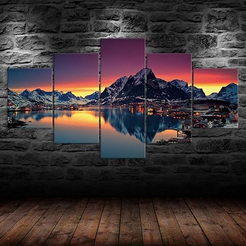 HJDGLP Moderne bilder wohnzimmer schlafzimmer bilder über bett wand deko leinwandbilder leinwanddrucke 5 stück wandkunst,Nordische Stadt Abendhimmel,mit rahmen,wandbild xxl 100x55cm von HJDGLP