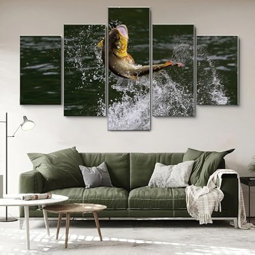 HJDGLP Moderne bilder wohnzimmer schlafzimmer bilder über bett wand deko leinwandbilder leinwanddrucke 5 stück wandkunst,Peacock Bass Springen,mit rahmen,wandbild xxl 100x55cm von HJDGLP