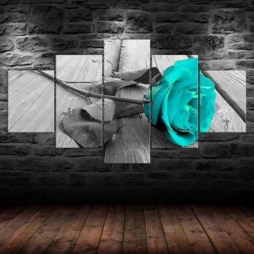 HJDGLP Moderne bilder wohnzimmer schlafzimmer bilder über bett wand deko leinwandbilder leinwanddrucke 5 stück wandkunst,Schöne blaue Rose mit langem Stiel,mit rahmen,wandbild xxl 100x55cm von HJDGLP