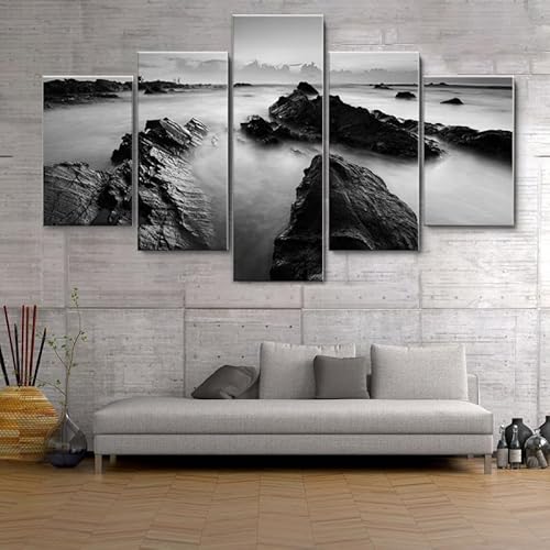 HJDGLP Moderne bilder wohnzimmer schlafzimmer bilder über bett wand deko leinwandbilder leinwanddrucke 5 stück wandkunst,Schwarz-Weiß-Felsen-Meereslandschaft,mit rahmen,wandbild xxl 100x55cm HJDGLP Moderne bilder wohnzimmer schlafzimmer bilder über bett wand deko leinwandbilder leinwanddrucke 5 stück wandkunst,Schwarz-Weiß-Felsen-Meereslandschaft,mit rahmen,wandbild xxl 100x55cm von HJDGLP