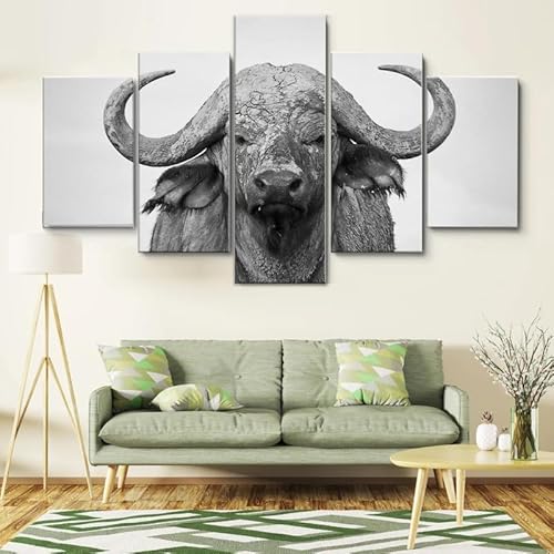 HJDGLP Moderne bilder wohnzimmer schlafzimmer bilder über bett wand deko leinwandbilder leinwanddrucke 5 stück wandkunst,Schwarz-weißer imposanter Büffel,mit rahmen,wandbild xxl 100x55cm HJDGLP Moderne bilder wohnzimmer schlafzimmer bilder über bett wand deko leinwandbilder leinwanddrucke 5 stück wandkunst,Schwarz-weißer imposanter Büffel,mit rahmen,wandbild xxl 100x55cm von HJDGLP