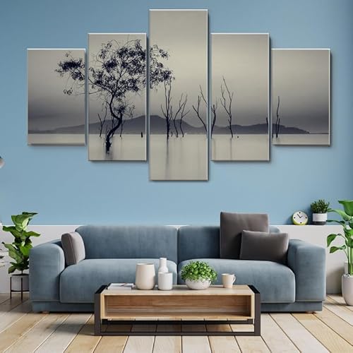 HJDGLP Moderne bilder wohnzimmer schlafzimmer bilder über bett wand deko leinwandbilder leinwanddrucke 5 stück wandkunst,Schwarze und weiße Bäume starben im See,mit rahmen,wandbild xxl 100x55cm von HJDGLP