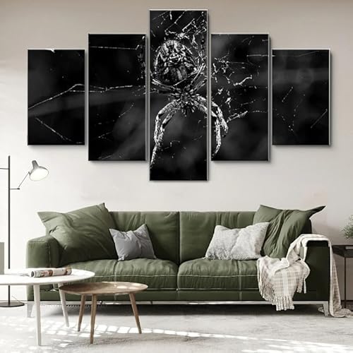 HJDGLP Moderne bilder wohnzimmer schlafzimmer bilder über bett wand deko leinwandbilder leinwanddrucke 5 stück wandkunst,Spinnenmakro auf Spinnennetz,mit rahmen,wandbild xxl 100x55cm von HJDGLP