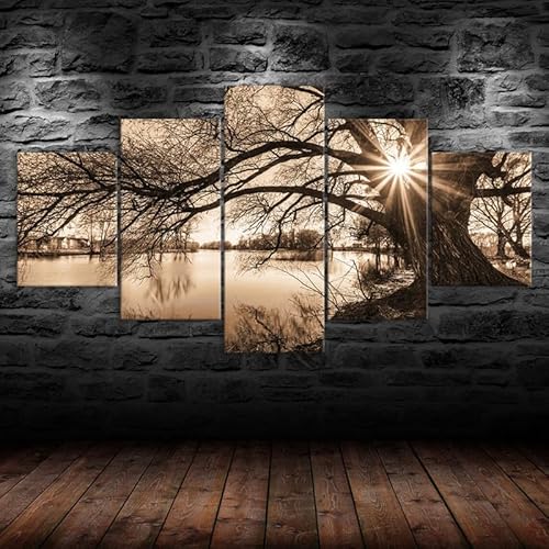 HJDGLP Moderne bilder wohnzimmer schlafzimmer bilder über bett wand deko leinwandbilder leinwanddrucke 5 stück wandkunst,Vintage Baum Sonnenstrahlen See Landschaft,mit rahmen,wandbild xxl 100x55cm HJDGLP Moderne bilder wohnzimmer schlafzimmer bilder über bett wand deko leinwandbilder leinwanddrucke 5 stück wandkunst,Vintage Baum Sonnenstrahlen See Landschaft,mit rahmen,wandbild xxl 100x55cm von HJDGLP