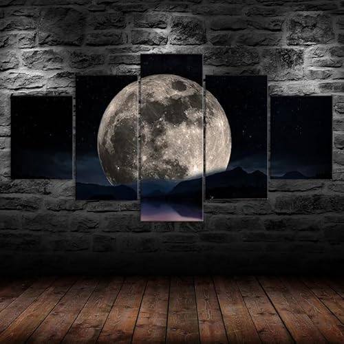 HJDGLP Moderne bilder wohnzimmer schlafzimmer bilder über bett wand deko leinwandbilder leinwanddrucke 5 stück wandkunst,Vollmond Dunkle Nacht Leinwand,mit rahmen,wandbild xxl 100x55cm von HJDGLP