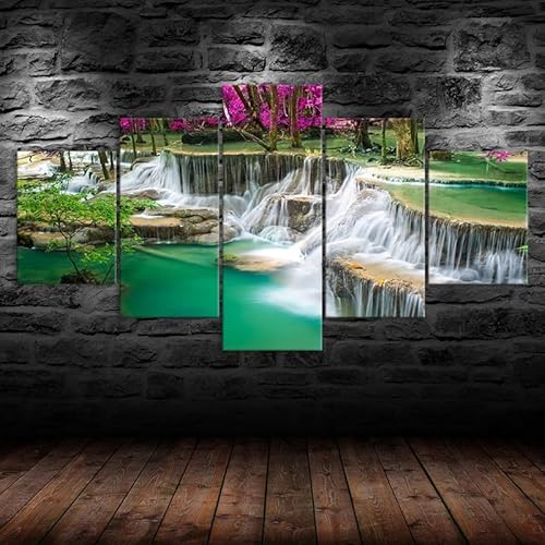 HJDGLP leinwand bilder 5 Teilig wandbilder wohnzimmer schlafzimmer wanddeko,leinwände poster & kunstdrucke,bilder mit rahmen,Grüner See Wasserfall Wald Leinwand,Kreative Geschenke 150x80cm von HJDGLP