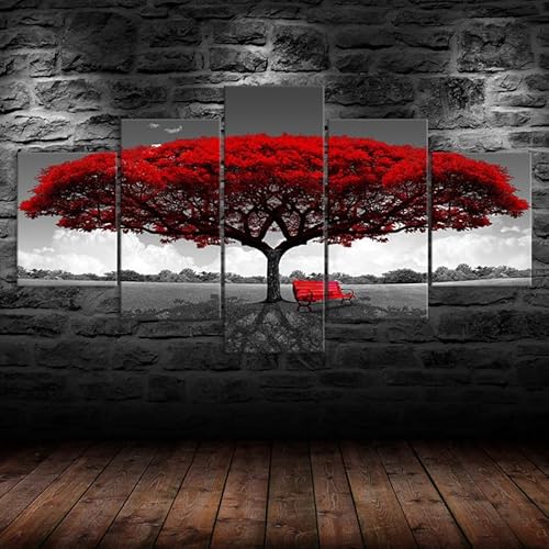 HJDGLP leinwand bilder 5 Teilig wandbilder wohnzimmer schlafzimmer wanddeko,leinwände poster & kunstdrucke,bilder mit rahmen,Roter Blätterbaum auf Feldleinwand,Kreative Geschenke 150x80cm von HJDGLP