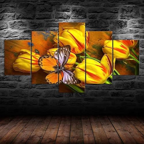 Moderne bilder wohnzimmer schlafzimmer bilder über bett wand deko leinwandbilder leinwanddrucke 5 stück wandkunst,Gelbe Tulpen Blumen und Schmetterling Landschaft,mit rahmen,wandbild xxl 100x55cm Moderne bilder wohnzimmer schlafzimmer bilder über bett wand deko leinwandbilder leinwanddrucke 5 stück wandkunst,Gelbe Tulpen Blumen und Schmetterling Landschaft,mit rahmen,wandbild xxl 100x55cm von HJDGLP