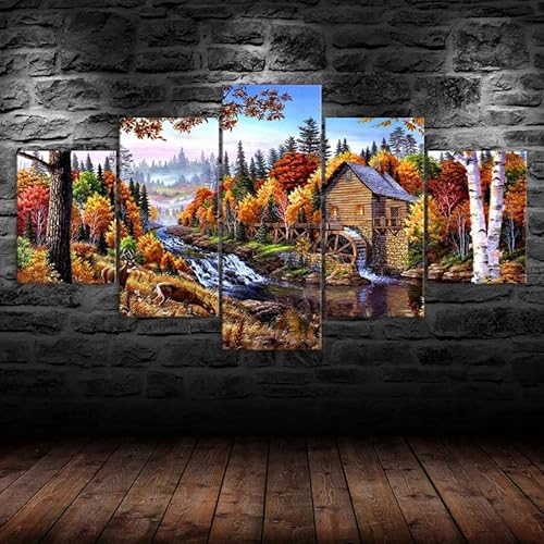 Moderne bilder wohnzimmer schlafzimmer bilder über bett wand deko leinwandbilder leinwanddrucke 5 stück wandkunst,Herbsthaus Wald Bäume Fluss Bach Landschaft Leinwand,mit rahmen,wandbild xxl 100x55cm Moderne bilder wohnzimmer schlafzimmer bilder über bett wand deko leinwandbilder leinwanddrucke 5 stück wandkunst,Herbsthaus Wald Bäume Fluss Bach Landschaft Leinwand,mit rahmen,wandbild xxl 100x55cm von HJDGLP