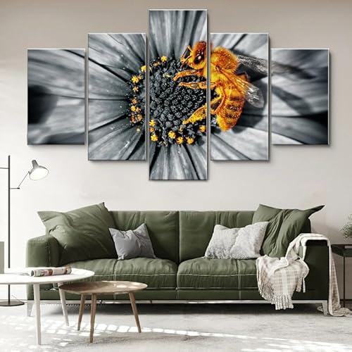 Moderne bilder wohnzimmer schlafzimmer bilder über bett wand deko leinwandbilder leinwanddrucke 5 stück wandkunst,Schwarz-weiße gelbe Biene auf Gänseblümchen-Blume,mit rahmen,wandbild xxl 100x55cm von HJDGLP