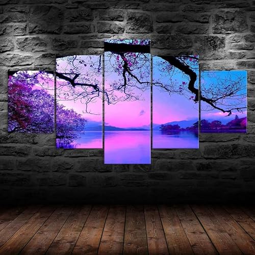 Moderne bilder wohnzimmer schlafzimmer über bett wand deko leinwandbilder leinwanddrucke 5 stück wandkunst,Lila Bäume See Sonnenuntergang Natur Landschaft Leinwand ,mit rahmen,wandbild xxl 100x55cm Moderne bilder wohnzimmer schlafzimmer über bett wand deko leinwandbilder leinwanddrucke 5 stück wandkunst,Lila Bäume See Sonnenuntergang Natur Landschaft Leinwand ,mit rahmen,wandbild xxl 100x55cm von HJDGLP