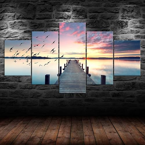 Moderne bilder wohnzimmer schlafzimmer über bett wand deko leinwandbilder leinwanddrucke 5 stück wandkunst,Wunderschöne Seelandschaft mit Blick auf den Sonnenuntergang,mit rahmen,wandbild xxl 100x55cm von HJDGLP