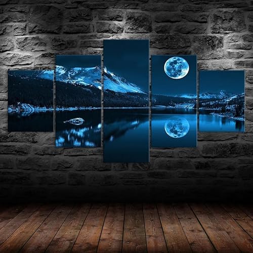 leinwandbild 5 teiliges wanddeko wandbilder schlafzimmer wohnzimmer mit rahmen,bilder,poster,Vollmond,blaue Nacht,Bergsee,Landschaftsszene,kunstdrucke & skulpturen wandbild xxl kunstdruck 125x60cm leinwandbild 5 teiliges wanddeko wandbilder schlafzimmer wohnzimmer mit rahmen,bilder,poster,Vollmond,blaue Nacht,Bergsee,Landschaftsszene,kunstdrucke & skulpturen wandbild xxl kunstdruck 125x60cm von HJDGLP