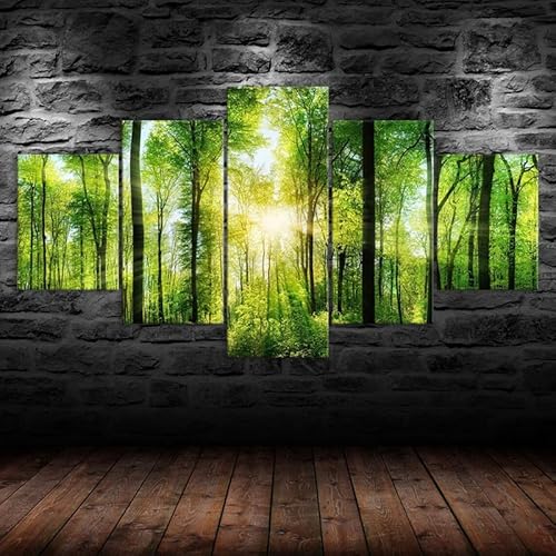 leinwandbild 5 teiliges wanddeko wandbilder schlafzimmer wohnzimmer rahmen,bilder,poster,Grüner Wald Sonnenstrahlen Sonnenschein Landschaft,kunstdrucke & skulpturen wandbild xxl kunstdruck 125x60cm leinwandbild 5 teiliges wanddeko wandbilder schlafzimmer wohnzimmer rahmen,bilder,poster,Grüner Wald Sonnenstrahlen Sonnenschein Landschaft,kunstdrucke & skulpturen wandbild xxl kunstdruck 125x60cm von HJDGLP