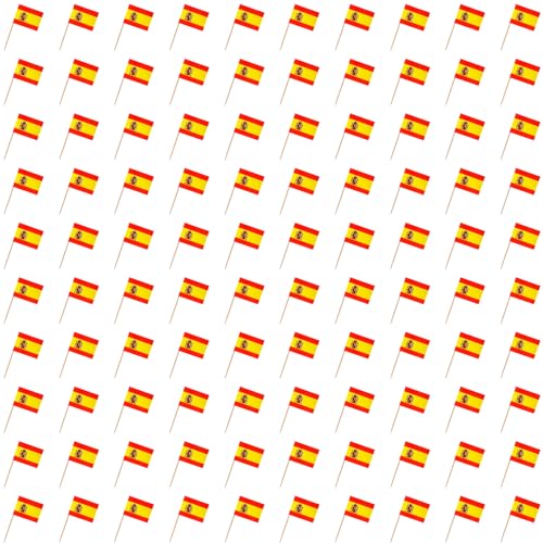100 Stück Länder Flagge Zahnstocher Flagge,Zahnstocher Mit Fähnchen,Obst Picker Papier Kuchen Topper Sticks,Zahnstocher Flaggen,Cocktail Picks Mit Doppelseitig Druck,für Party Deko (Spanien) von HJDJBD