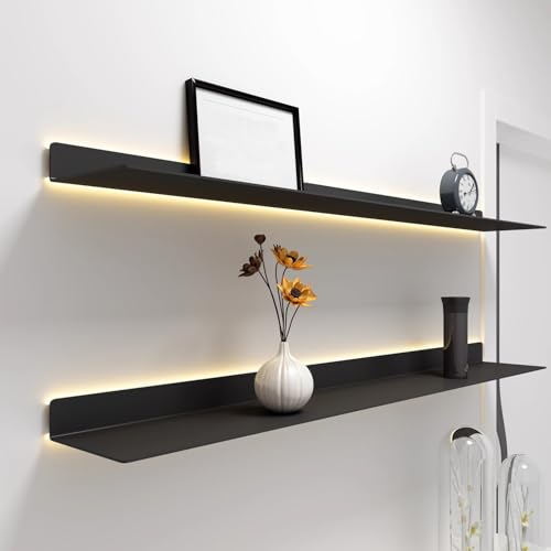 HJDSUDU Wandregale Schwebende Regale, Ausstellungsregal mit eingebautem beleuchtetem LED-Licht, 1 Stück an der Wand montierte lichtemittierende Metallregale, für Wohnzimmer,Schwarz,180cm/71in von HJDSUDU