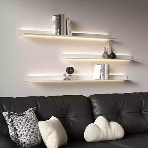 HJDSUDU Wandregale Schwebende Regale, Ausstellungsregal mit eingebautem beleuchtetem LED-Licht, 1 Stück an der Wand montierte lichtemittierende Metallregale, für Wohnzimmer,Weiß,60cm/24in von HJDSUDU