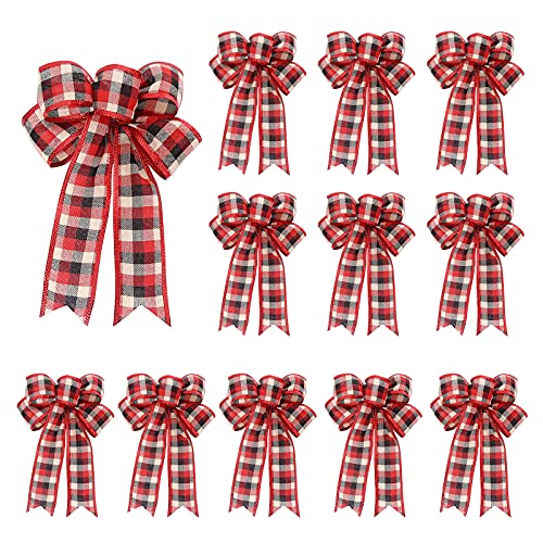 HJHIWE 12 Stück Buffalo Plaid Schleifen Weihnachten Bogen 23,4 x 19,5 cm Weihnachtskranz Gingham Band Bowknot Weihnachtsbaum Topper Bogen Hängen für DIY Handwerk Blumensträuße Home Hochzeit Dekoration von HJHIWE