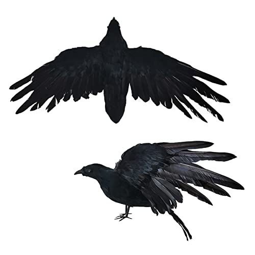 HJHIWE 38,1 cm realistische, lebensgroße, extra große Krähenrequisite, 2 Stück, beängstigende künstliche schwarze Feder, stehende fliegende Krähe Vogel Halloween Party von HJHIWE