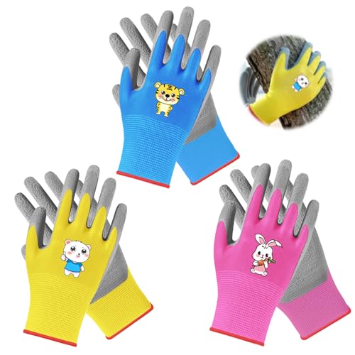 HJJMN 3 Paar Arbeitshandschuhe Kinder, Hochwertige Gartenhandschuhe Kinder Alter 3-6, Cartoon Arbeitshandschuhe Kinder, Rutschfeste Schutzhandschuhe für MäDchen Und Jungen, Rosa Blau Gelb von HJJMN