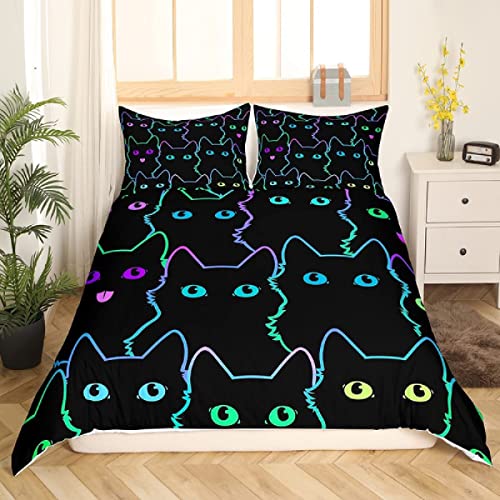 Bettwäsche 135x200 Cartoon-Katze, Weiche Mikrofaser 3D Druck Schwarz Bettwäsche-Sets Tier Bettbezüge und 2 Kissenbezug 80x80 cm mit Reißverschluss von HJKR